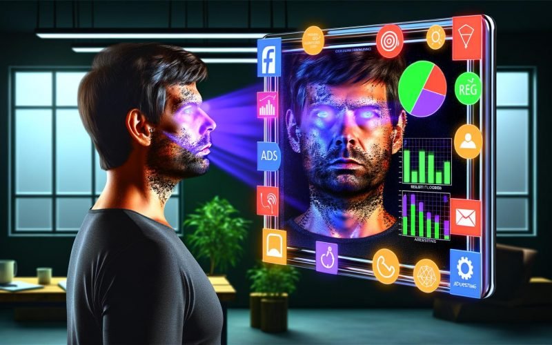 Digitale Illustration eines Marketers, der in einen bildschirmartigen Spiegel mit Daten, Relevanzscores und Werbeplattform-Icons blickt, mit dramatischer Ausleuchtung in futuristischer Büroumgebung