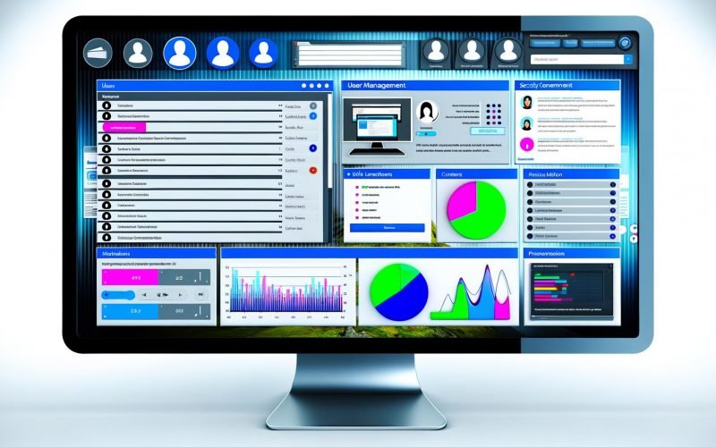 Moderner Admin-Panel Bildschirm mit Benutzerlisten, Content-Karten, Texteditor, Mediathek, Diagrammen und Navigationsleiste in blau-weißem Design