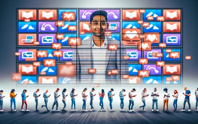 Digitale/r Marketer/in steht vor einer Wand aus sich wiederholenden Anzeigen, während ein gelangweiltes Publikum mit Smartphones Ermüdungserscheinungen und Desinteresse zeigt.