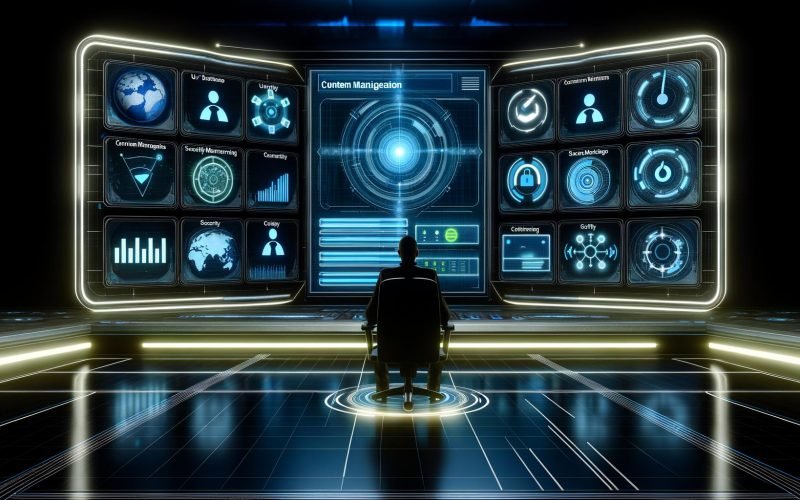 Administrator sitzt vor moderner Kommandozentrale mit leuchtenden Dashboards, Statistiken und Symbolen für Systemkonfiguration und Sicherheit