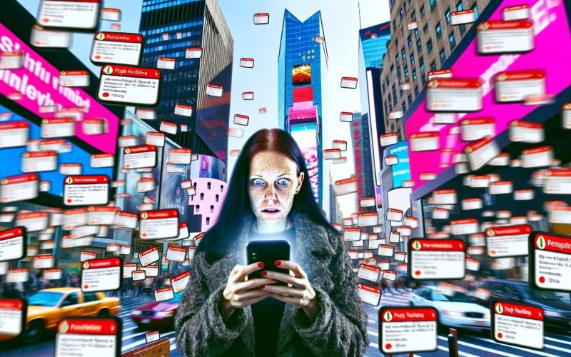Städtischer Pendler steht überfordert auf einem vollen Platz, umgeben von schwebenden digitalen Werbeanzeigen, Pop-ups und monotonen Markenbotschaften, während sein Smartphone mit Benachrichtigungen leuchtet.