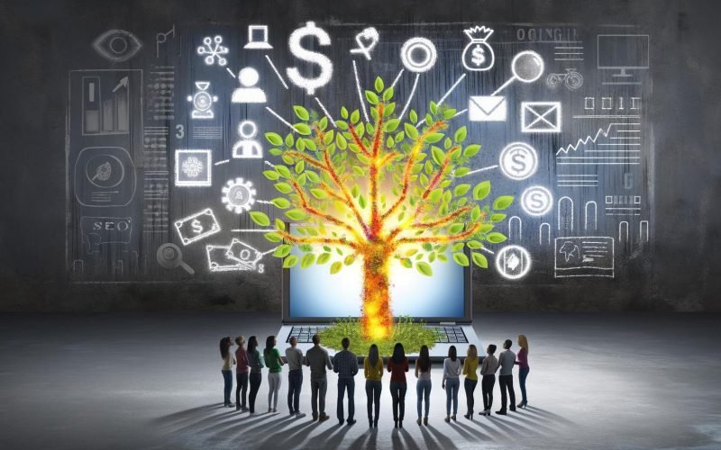 Ein leuchtender, digitaler Baum wächst aus einem Laptop und verzweigt sich mit Symbolen für SEO, Content und Community, während verschiedene Menschen online kollaborieren; im Hintergrund verblasste, graue Werbung und Dollarzeichen.