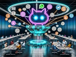 Modernes Digital‑Office: Marketing‑Team jongliert Kampagnen, E‑Mails und Budgets; zentral interagiert ein holografischer Conversational‑AI‑Chatbot omnichannel über WhatsApp, Instagram und Webchat. Echtzeit‑KPIs (Conversion Rate, Lead Quality Score, Time‑to‑Value) schweben darum, abgesichert durch transparente Compliance‑Guardrails und angebunden an CRM, CDP und Marketing‑Automation. Verstaubte FAQ‑Pipelines weichen dynamischen, leuchtenden Dialog‑Flows.