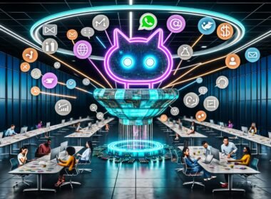 Modernes Digital‑Office: Marketing‑Team jongliert Kampagnen, E‑Mails und Budgets; zentral interagiert ein holografischer Conversational‑AI‑Chatbot omnichannel über WhatsApp, Instagram und Webchat. Echtzeit‑KPIs (Conversion Rate, Lead Quality Score, Time‑to‑Value) schweben darum, abgesichert durch transparente Compliance‑Guardrails und angebunden an CRM, CDP und Marketing‑Automation. Verstaubte FAQ‑Pipelines weichen dynamischen, leuchtenden Dialog‑Flows.