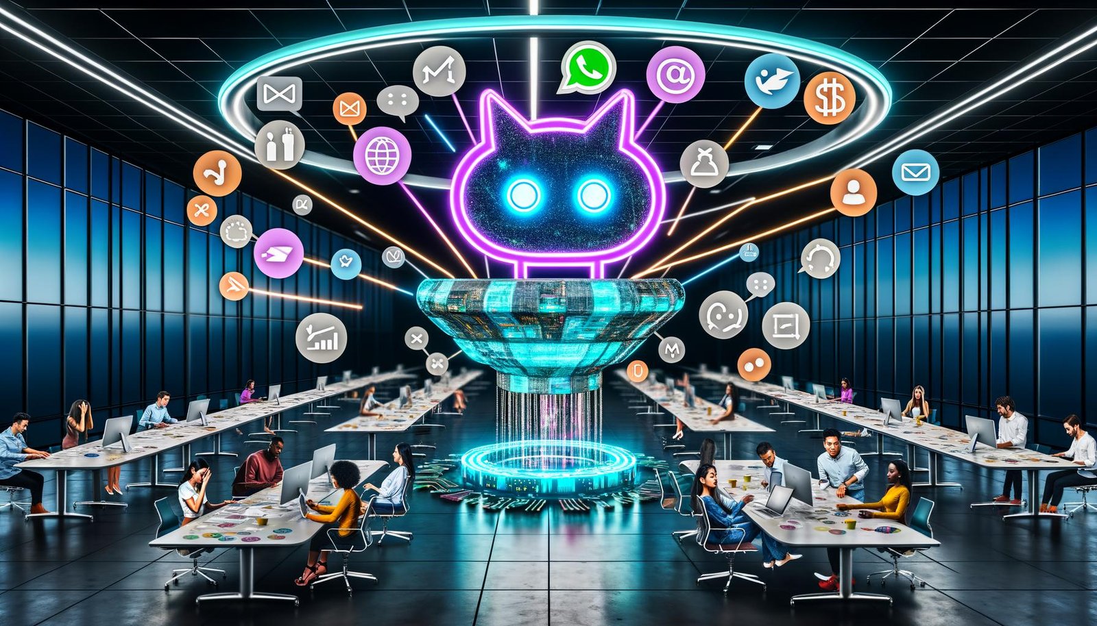 Modernes Digital‑Office: Marketing‑Team jongliert Kampagnen, E‑Mails und Budgets; zentral interagiert ein holografischer Conversational‑AI‑Chatbot omnichannel über WhatsApp, Instagram und Webchat. Echtzeit‑KPIs (Conversion Rate, Lead Quality Score, Time‑to‑Value) schweben darum, abgesichert durch transparente Compliance‑Guardrails und angebunden an CRM, CDP und Marketing‑Automation. Verstaubte FAQ‑Pipelines weichen dynamischen, leuchtenden Dialog‑Flows.
