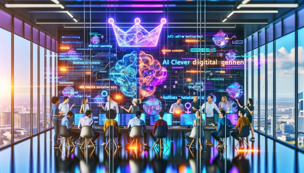 Modernes Büro: Digitalmarketer und Data Scientists kollaborieren vor leuchtenden Screens mit KI‑Modellen, Code, bunten Visualisierungen und Marketing‑Dashboards; schwebende digitale Krone über neuronalen Netzen; Slogan „KI clever starten, digital gewinnen“.