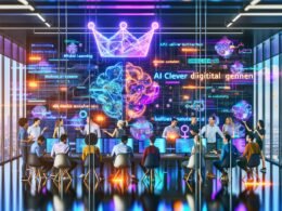 Modernes Büro: Digitalmarketer und Data Scientists kollaborieren vor leuchtenden Screens mit KI‑Modellen, Code, bunten Visualisierungen und Marketing‑Dashboards; schwebende digitale Krone über neuronalen Netzen; Slogan „KI clever starten, digital gewinnen“.