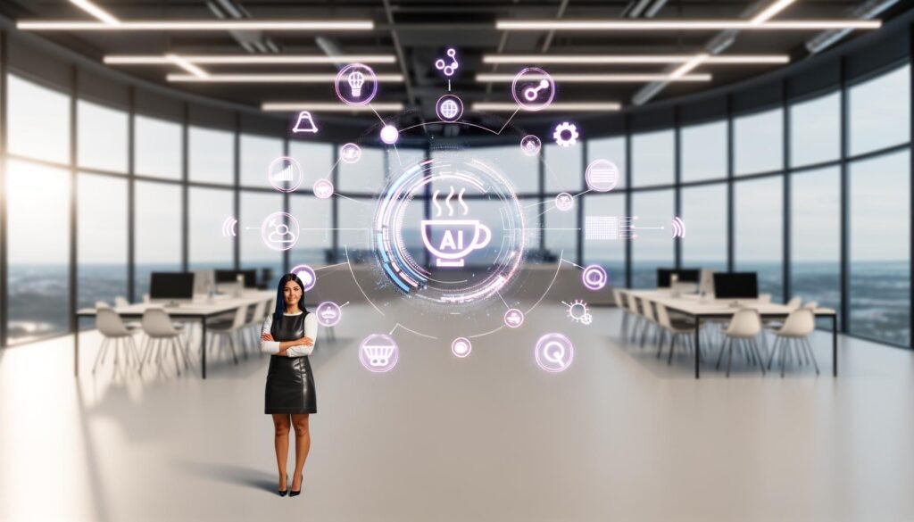 Futuristisches Open Office mit interaktivem Dashboard, Marketing-Expertin, holographischen Interfaces und automatisierter Content-Verteilung durch KI und Microservices.