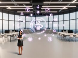 Futuristisches Open Office mit interaktivem Dashboard, Marketing-Expertin, holographischen Interfaces und automatisierter Content-Verteilung durch KI und Microservices.