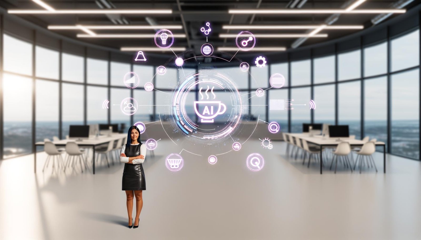 Futuristisches Open Office mit interaktivem Dashboard, Marketing-Expertin, holographischen Interfaces und automatisierter Content-Verteilung durch KI und Microservices.