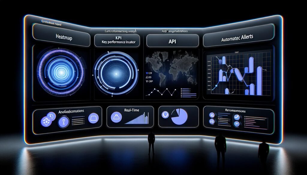 Futuristisches Dashboard mit Heatmap, KPI-Tunnel, Echtzeit-Graphen und Pie-Chart, einem Modul für KI-Empfehlungen sowie seitlichen API-Integrationen, umgeben von Benutzern mit unterschiedlichen Zugriffsrechten.