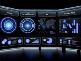 Futuristisches Dashboard mit Heatmap, KPI-Tunnel, Echtzeit-Graphen und Pie-Chart, einem Modul für KI-Empfehlungen sowie seitlichen API-Integrationen, umgeben von Benutzern mit unterschiedlichen Zugriffsrechten.