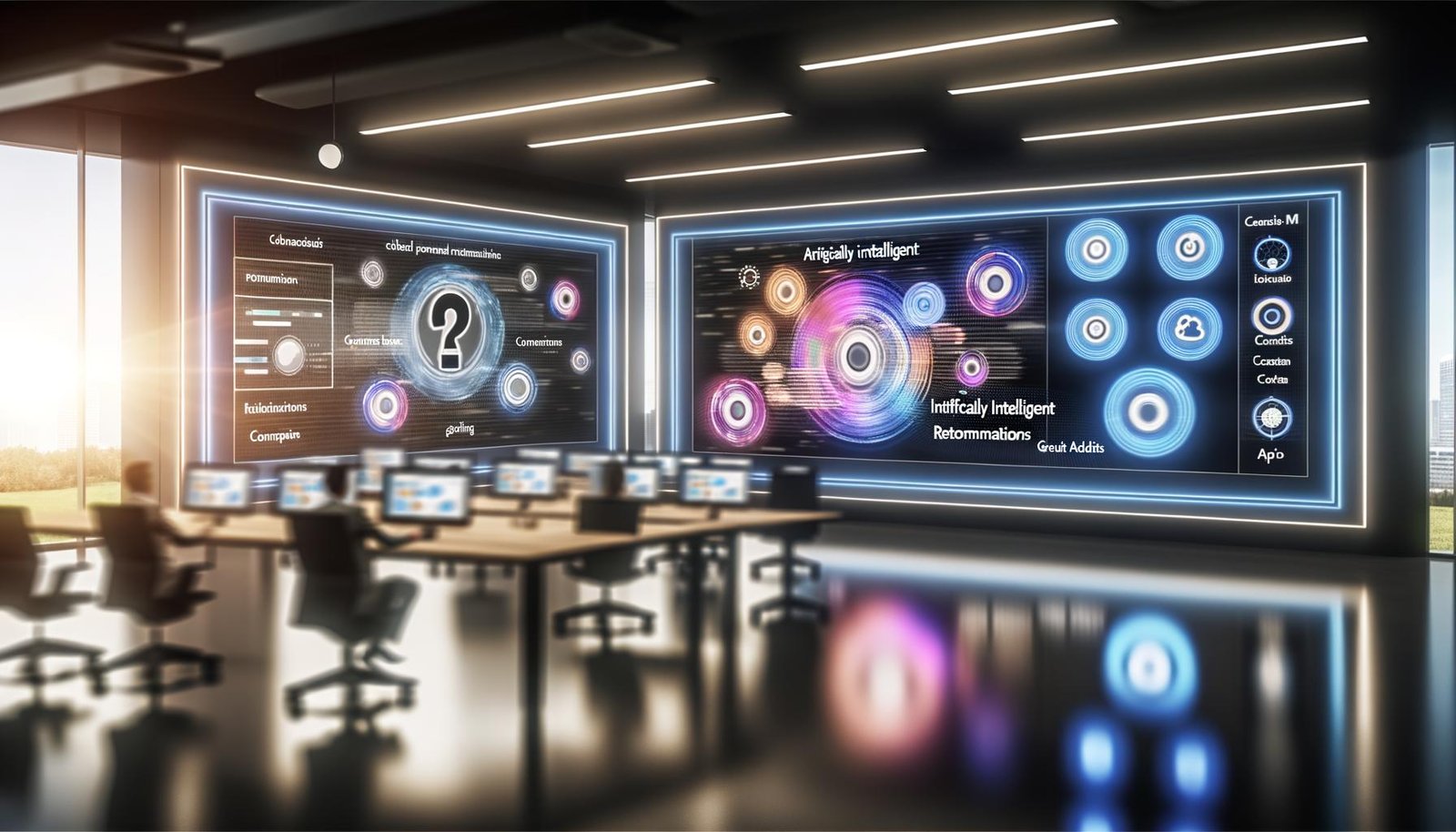 Helle Büroumgebung mit großem Monitor, auf dem ein smartes, KI-gestütztes CMS samt bunter Visualisierungen und kollaborativen Tools zu sehen ist. Verblasste klassische Editor-Elemente deuten den Technologiewandel an.