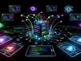 Futuristisch leuchtende Serverlandschaft mit Headless-CMS-Frameworks, farbigen Datenströmen, Geräten mit gleichen Contents und holografischen Analytics-Diagrammen, inspiriert von Cutting-Edge-Marketing-Design