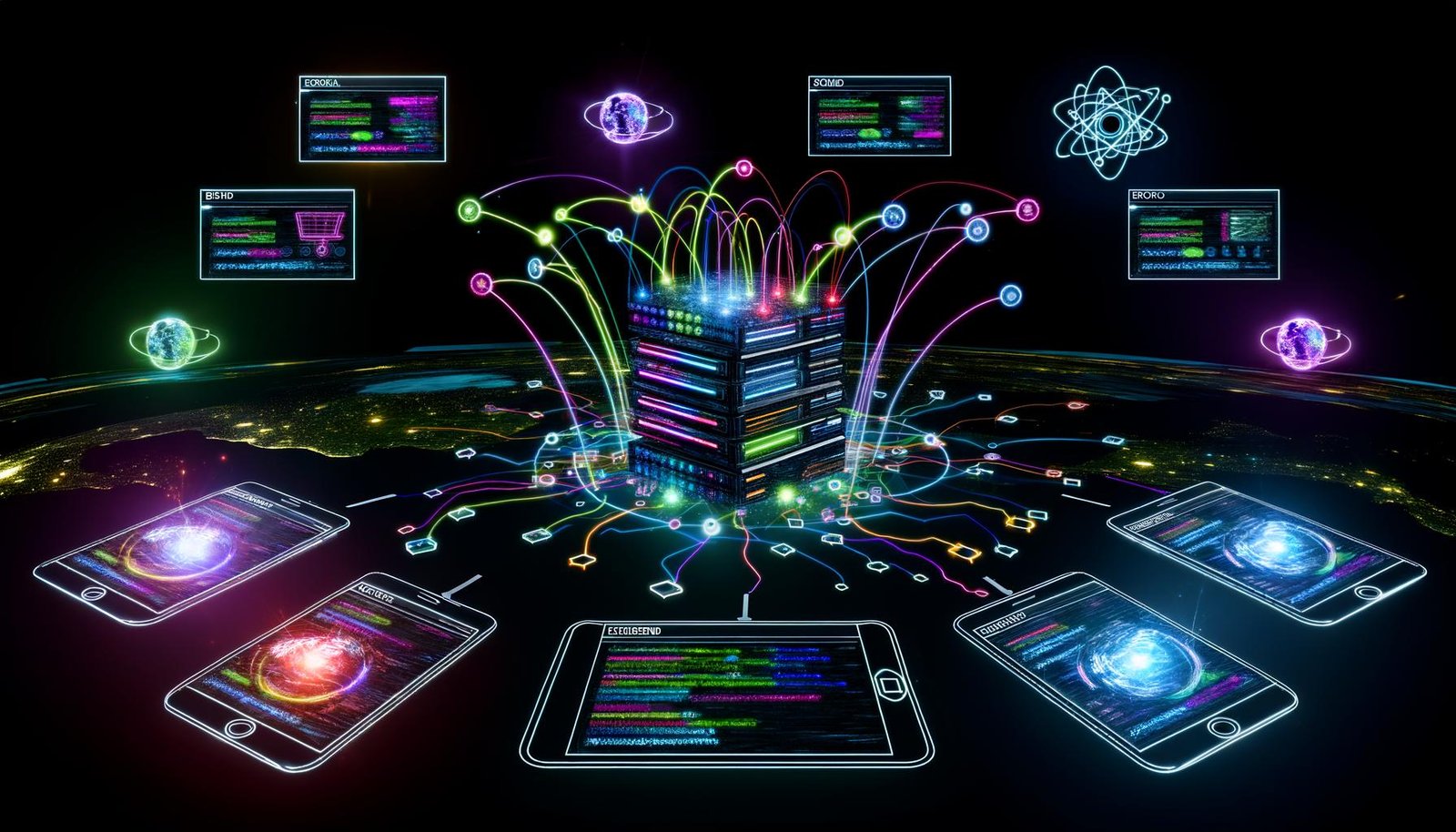 Futuristisch leuchtende Serverlandschaft mit Headless-CMS-Frameworks, farbigen Datenströmen, Geräten mit gleichen Contents und holografischen Analytics-Diagrammen, inspiriert von Cutting-Edge-Marketing-Design