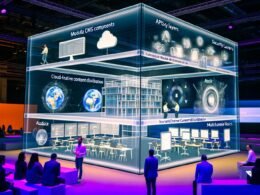 Futuristisches Büro mit digitalem Dashboard, holografischen Anzeigen und kollaborierenden Fachleuten in moderner Umgebung