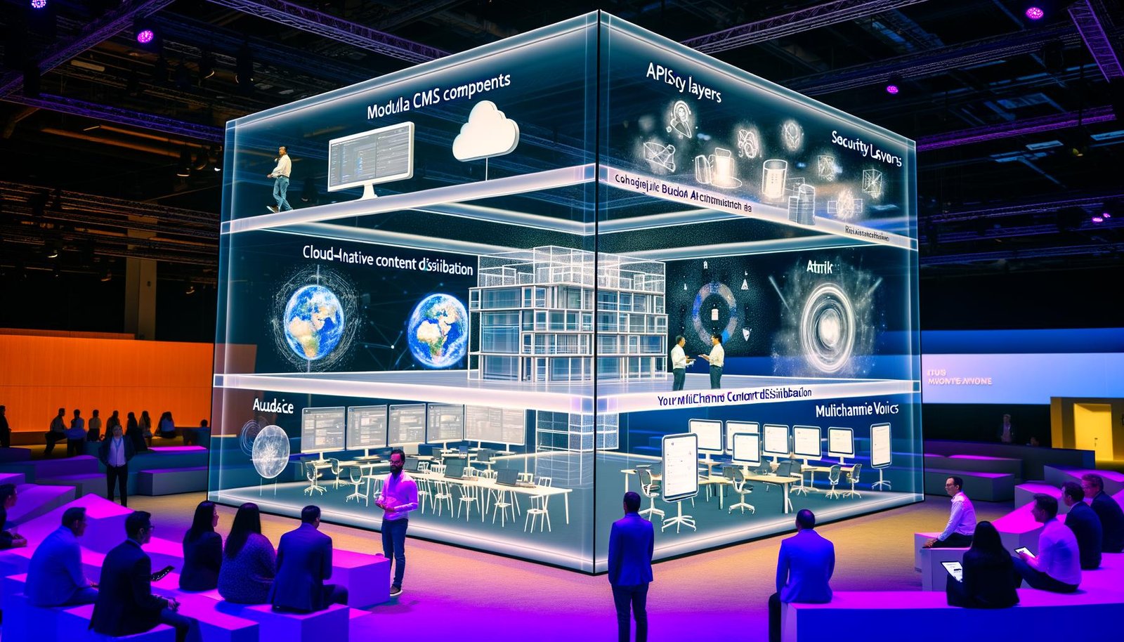 Futuristisches Büro mit digitalem Dashboard, holografischen Anzeigen und kollaborierenden Fachleuten in moderner Umgebung