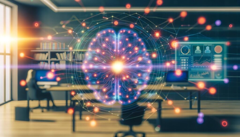 Stilisiertes, futuristisches Maschinenraumbild mit leuchtendem neuronalen Netzwerk, umgeben von holografischen Echtzeit-Analytics und modernen Marketing-Workstations.