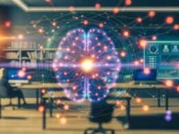 Stilisiertes, futuristisches Maschinenraumbild mit leuchtendem neuronalen Netzwerk, umgeben von holografischen Echtzeit-Analytics und modernen Marketing-Workstations.