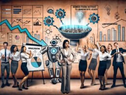 Moderner Büroraum mit gestresstem Sales Manager, feiernden Marketern, digitaler KI-Schnittstelle für Lead-Bewertung und Symbolen für alte und neue Vertriebstechnologien.