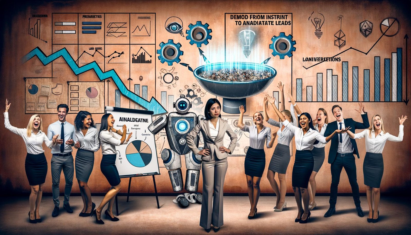 Moderner Büroraum mit gestresstem Sales Manager, feiernden Marketern, digitaler KI-Schnittstelle für Lead-Bewertung und Symbolen für alte und neue Vertriebstechnologien.