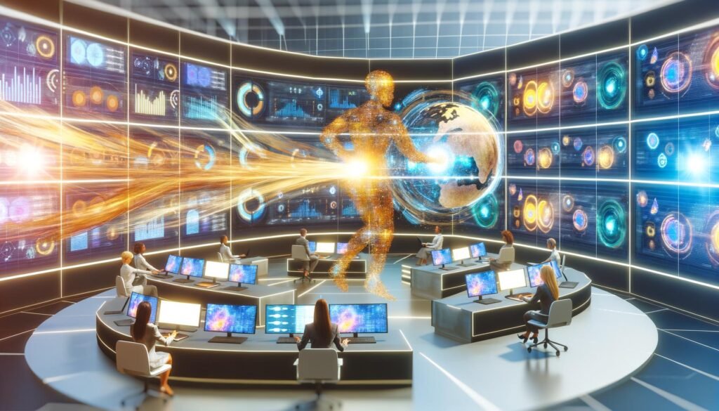 Futuristischer Kontrollraum mit Data Scientist, großen Bildschirmen voller Datenvisualisierungen und Menschen, die an Laptops und Tablets arbeiten.