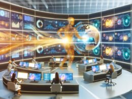 Futuristischer Kontrollraum mit Data Scientist, großen Bildschirmen voller Datenvisualisierungen und Menschen, die an Laptops und Tablets arbeiten.