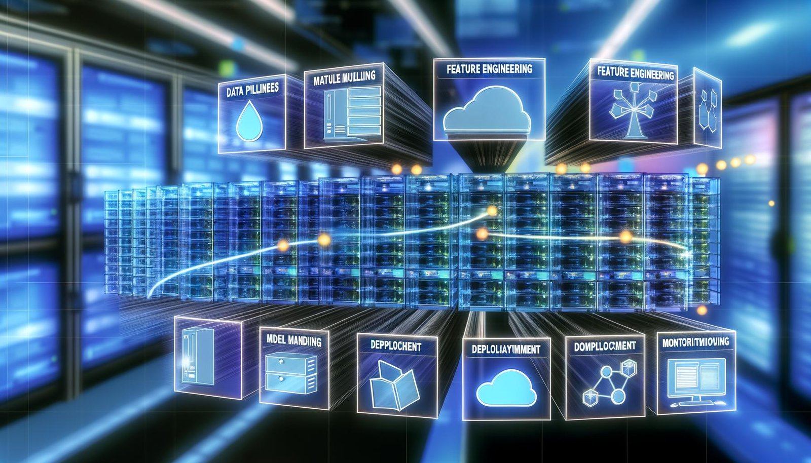 Dramatische Collage mit transparentem Bauplan für Predictive Modelling Architektur, leuchtenden Datenströmen, futuristischen Servern, Cloud-Icons und technischen Overlays in kühlen Blautönen.