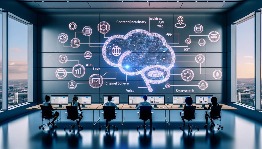 Futuristisches Redaktionsbüro mit großen Bildschirmen, animierten Dashboards, Multi-Channel-Icons und einer leuchtenden Content-Repository-Cloud, umgeben von schematischen KI-Elementen.