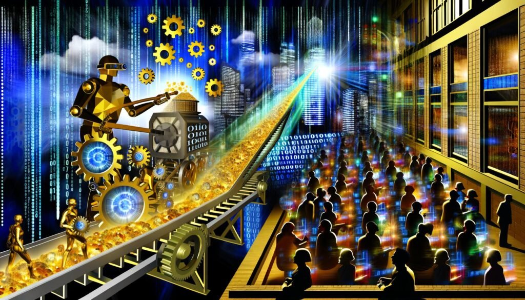 Futuristische Stadtlandschaft bei Nacht mit leuchtenden Datenströmen, automatisierten goldenen Zahnrädern und einem Roboter, der Daten aus binären Zahlen gewinnt. Im Hintergrund stehen Menschen vor veralteten Dashboards.