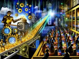 Futuristische Stadtlandschaft bei Nacht mit leuchtenden Datenströmen, automatisierten goldenen Zahnrädern und einem Roboter, der Daten aus binären Zahlen gewinnt. Im Hintergrund stehen Menschen vor veralteten Dashboards.