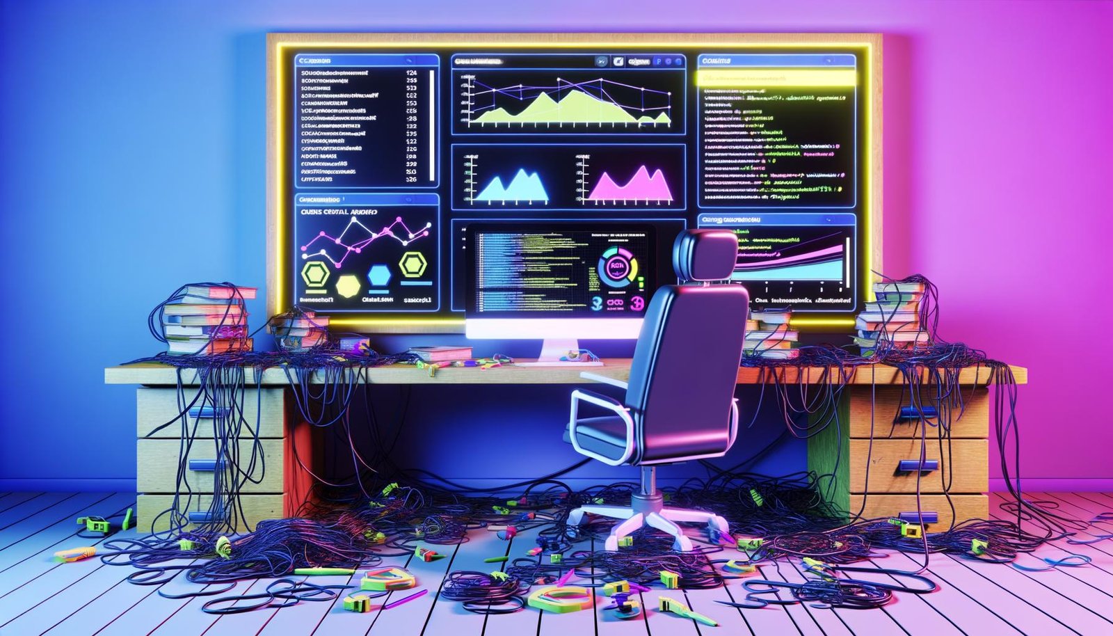 Redaktionelle Illustration eines modernen Büros mit futuristischem CMS-Dashboard, alten Plugins, verstaubten Codebüchern und leuchtenden Datenschnittstellen.