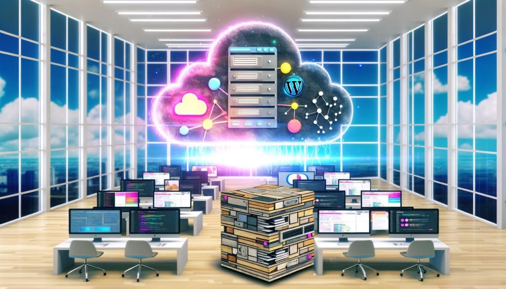 Modernes Agenturbüro mit großen Glasfenstern, Arbeitsgruppen an Laptops, digitalen Dashboards, einer zentralen vernetzten CMS-Cloud und einer verstaubten, verlassenen WordPress-Stele im Vordergrund.