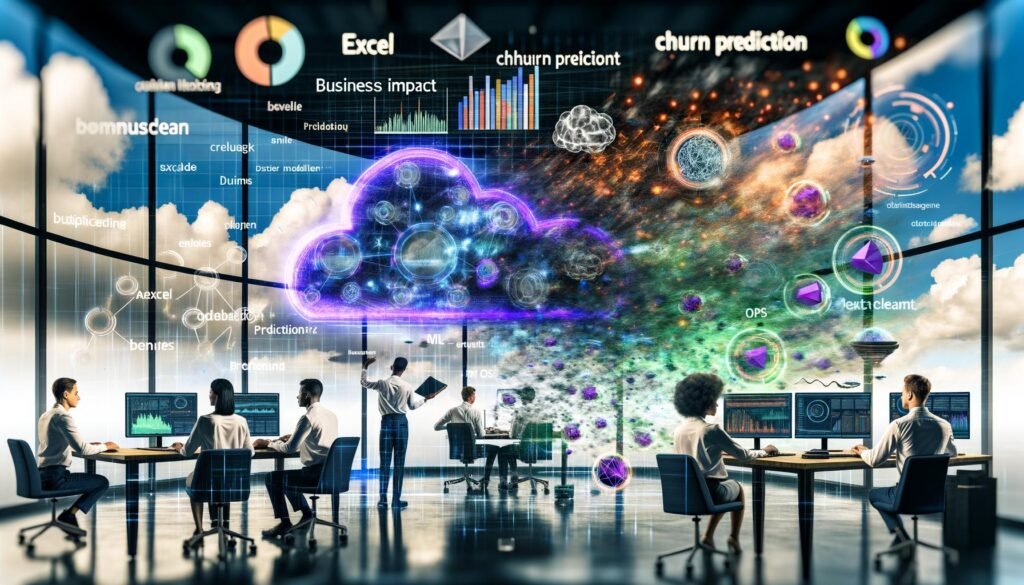 Futuristische Illustration eines Data-Science-Teams vor großen Monitoren mit neuronalen Netzen, Entscheidungsbäumen und Datenvisualisierungen in einem offenen Tech-Büro.