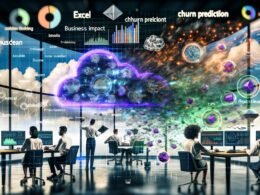 Futuristische Illustration eines Data-Science-Teams vor großen Monitoren mit neuronalen Netzen, Entscheidungsbäumen und Datenvisualisierungen in einem offenen Tech-Büro.