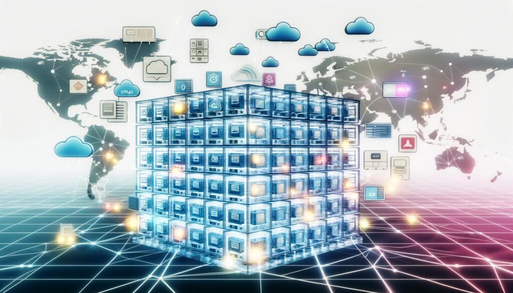 Futuristische Darstellung eines modularen, Headless CMS-Stacks mit API-Gateways, Microservices, Assets, Frontend-Frameworks und globalen Datenströmen als transparentes High-Tech-Glashochhaus.