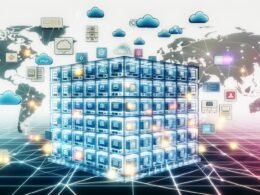 Futuristische Darstellung eines modularen, Headless CMS-Stacks mit API-Gateways, Microservices, Assets, Frontend-Frameworks und globalen Datenströmen als transparentes High-Tech-Glashochhaus.