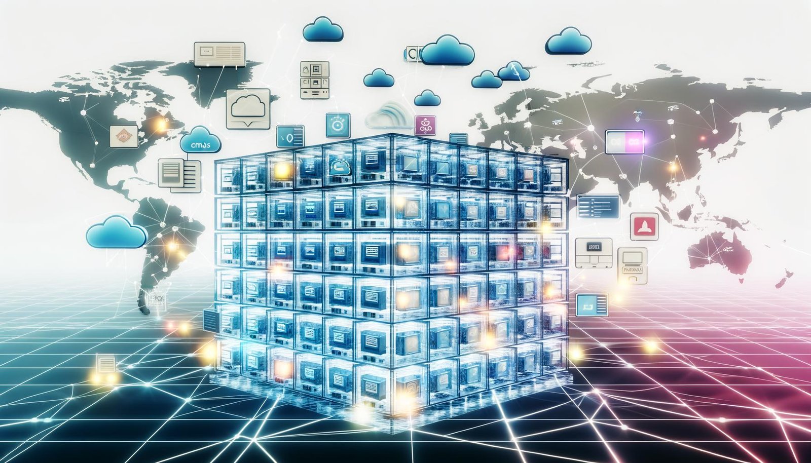 Futuristische Darstellung eines modularen, Headless CMS-Stacks mit API-Gateways, Microservices, Assets, Frontend-Frameworks und globalen Datenströmen als transparentes High-Tech-Glashochhaus.