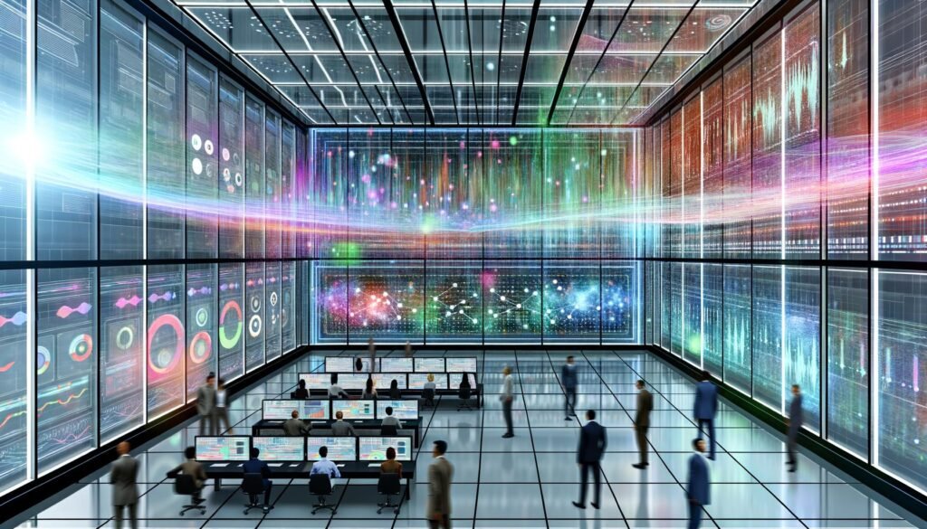 Futuristischer Marketing-Kontrollraum mit Echtzeit-Daten, Dashboards, Grafiken und Marketers, die KI-gestützte Analysen überwachen