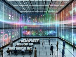 Futuristischer Marketing-Kontrollraum mit Echtzeit-Daten, Dashboards, Grafiken und Marketers, die KI-gestützte Analysen überwachen