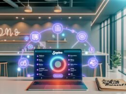 Moderner Schreibtisch mit offenem Stripe-Dashboard auf dem Laptop, umgeben von schwebenden Logos der Automatisierungstools Zapier, Make und n8n, verbunden durch leuchtende Linien. Im Vordergrund Notizzettel mit 'Skalieren ohne Burnout' und 'Solopreneur Automation'.