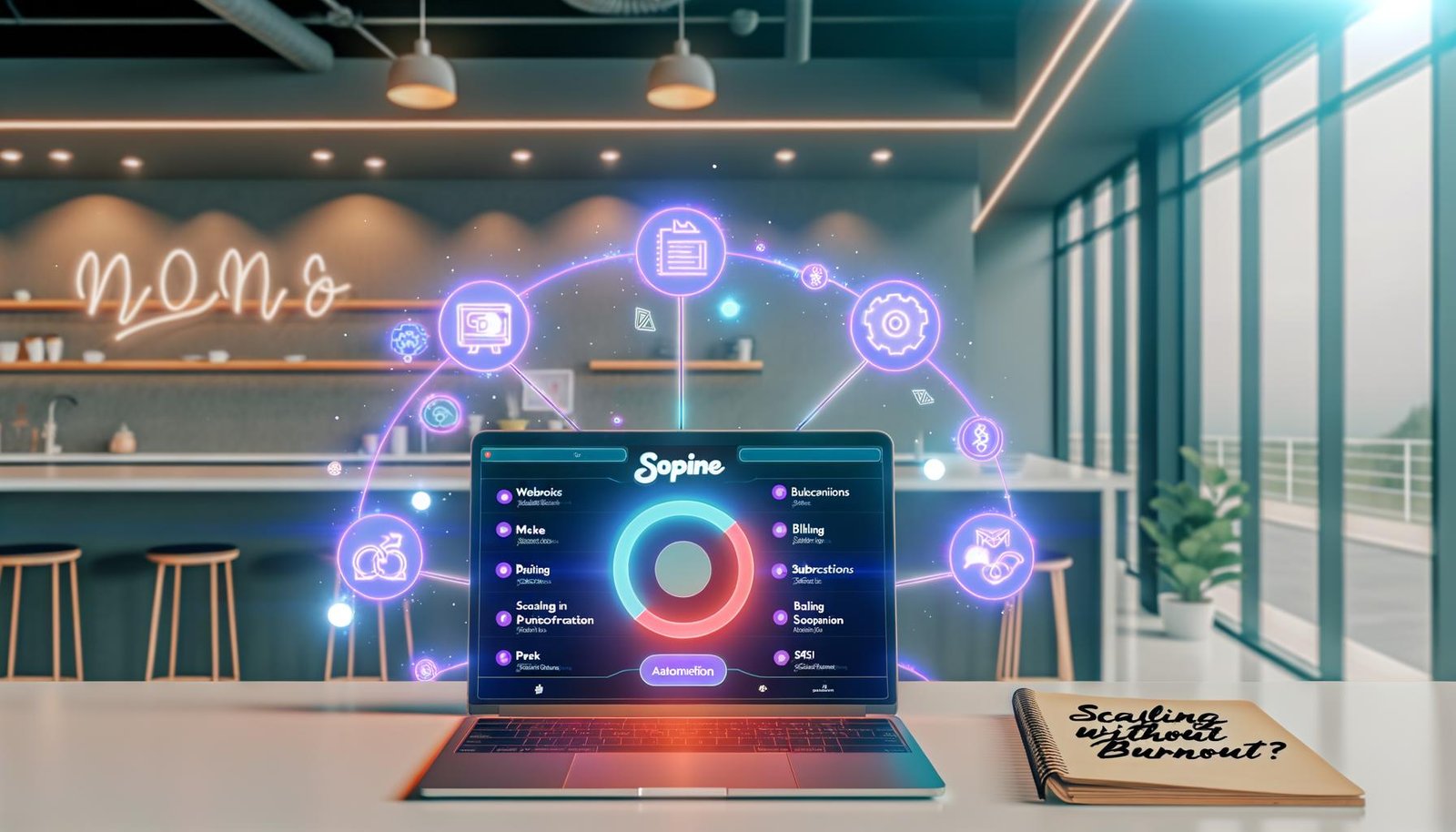 Moderner Schreibtisch mit offenem Stripe-Dashboard auf dem Laptop, umgeben von schwebenden Logos der Automatisierungstools Zapier, Make und n8n, verbunden durch leuchtende Linien. Im Vordergrund Notizzettel mit 'Skalieren ohne Burnout' und 'Solopreneur Automation'.