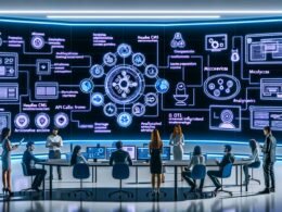 Futuristisch gestalteter Arbeitsplatz mit digitalen Dashboards, AR-Inhalten, Headless CMS-Visualisierung, APIs, Microservices und diversen Professionals in Zusammenarbeit.