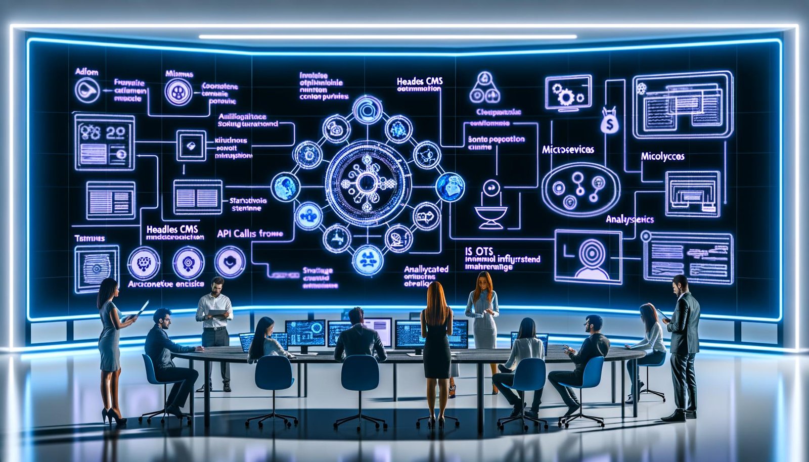 Futuristisch gestalteter Arbeitsplatz mit digitalen Dashboards, AR-Inhalten, Headless CMS-Visualisierung, APIs, Microservices und diversen Professionals in Zusammenarbeit.