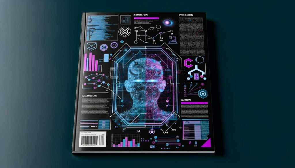 Dunkle Editorial-Titelseite mit komplexer Visualisierung eines neuronalen Netzes, Datenströmen, modernen CI/CD-Icons, Datenpipelines, Code-Fragmenten, Diagrammen und mathematischen Symbolen in Cyan und Magenta.