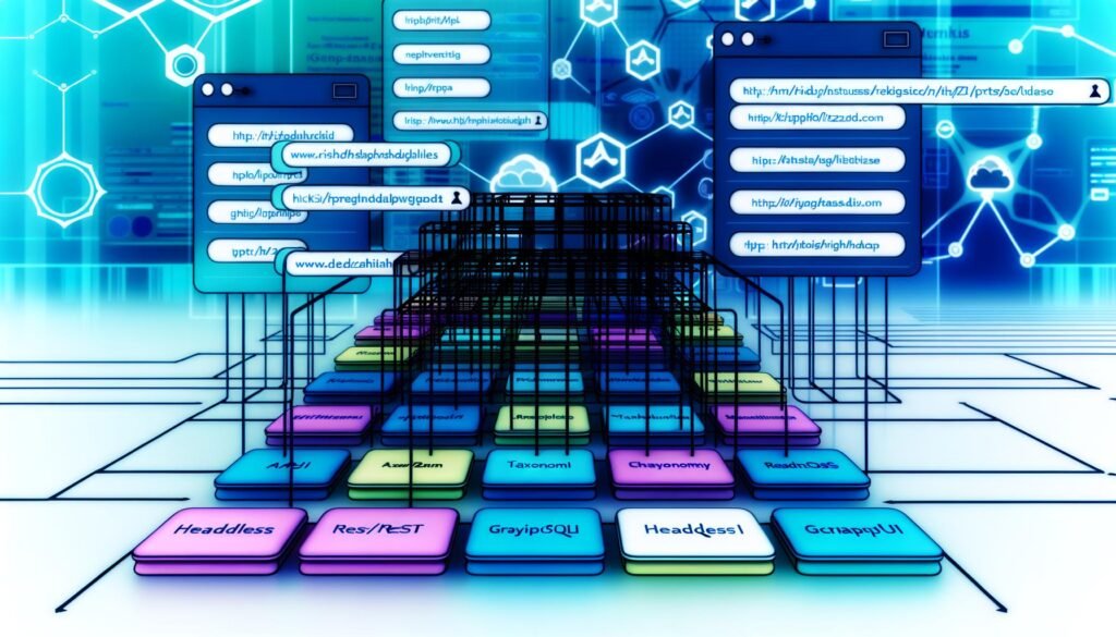 Abstrakte Visualisierung eines modularen, vernetzten CMS-Backends mit moderner Benutzeroberfläche, Content-Blöcken, farbigen Taxonomie-Tags, Headless-Architektur-Symbolen und futuristischen API-Schnittstellen in Blau, Türkis und Violett.