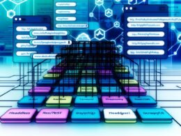 Abstrakte Visualisierung eines modularen, vernetzten CMS-Backends mit moderner Benutzeroberfläche, Content-Blöcken, farbigen Taxonomie-Tags, Headless-Architektur-Symbolen und futuristischen API-Schnittstellen in Blau, Türkis und Violett.