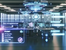 Solopreneurin in futuristischem Home-Office 2030 vor holografischen Stripe-Dashboards und abgehakter Checkliste auf transparentem Bildschirm