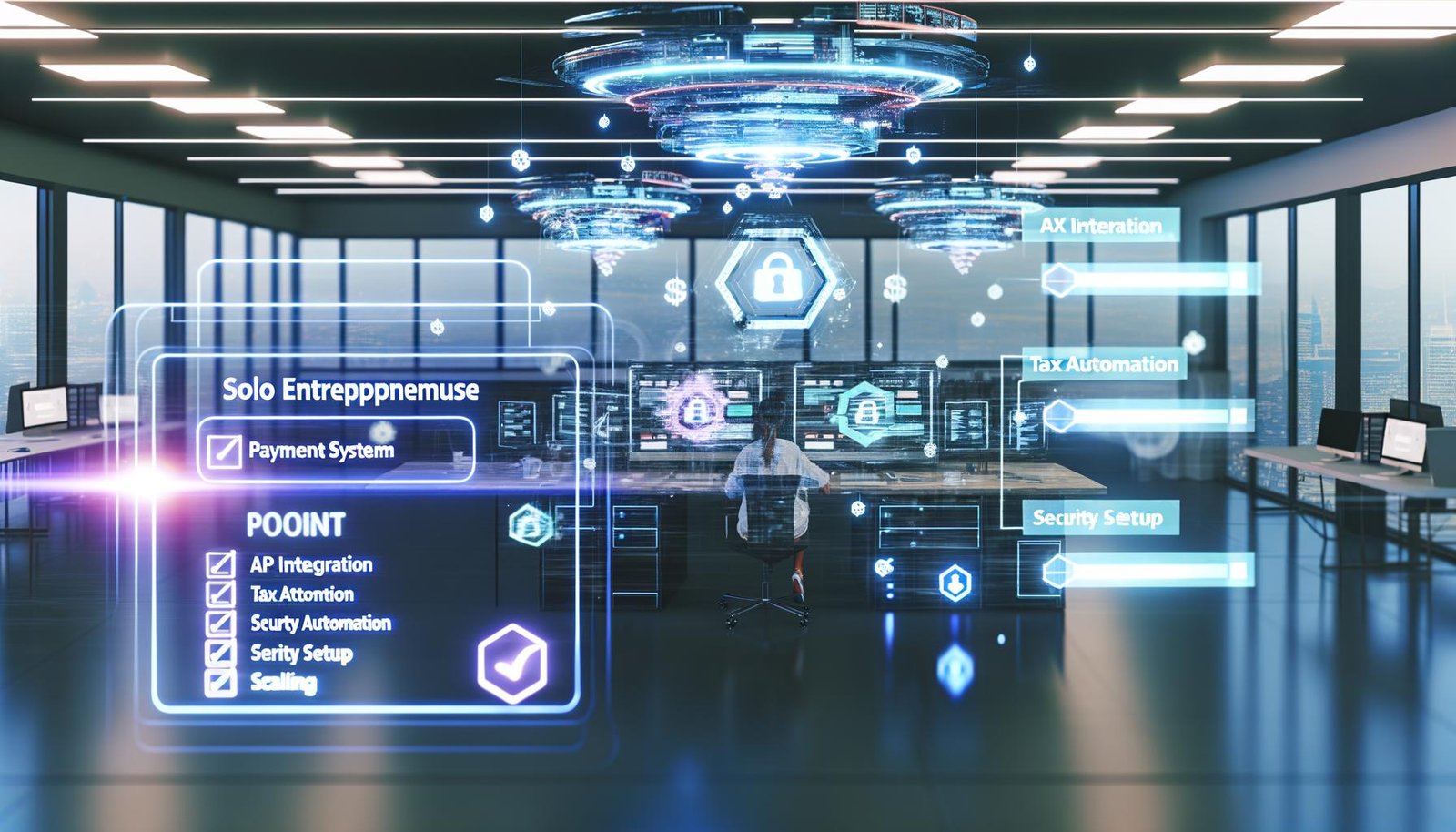 Solopreneurin in futuristischem Home-Office 2030 vor holografischen Stripe-Dashboards und abgehakter Checkliste auf transparentem Bildschirm