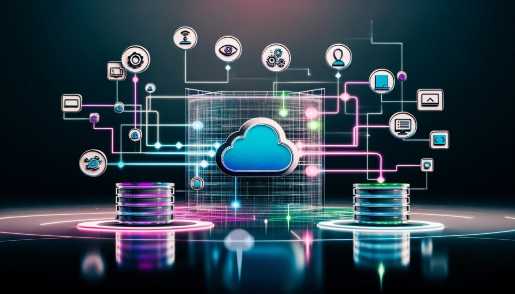 Illustration einer futuristischen Serverumgebung mit zentralem, KI-basierten Dashboard, verbundenen Microservices, Datenströmen zwischen verschiedenen Endgeräten und Wolkensymbolen im High-Tech-Design.